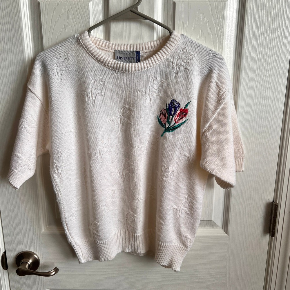 Vintage Diversity Petite Womens White‎ Floral Embroidered Knit Sweater Large